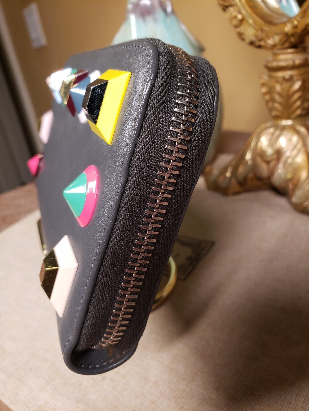 Fendi Gray Leather Zip Around Wallet w/ Multicolor Geometric Studs NWOT! ($950) - Picture 6 of 11